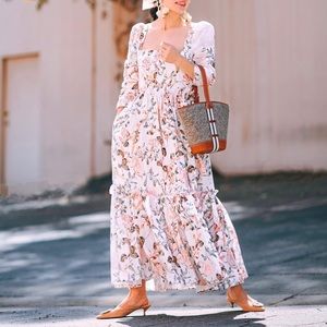 Cara Cara Blue Hill White Floral Ruffle Maxi Dress